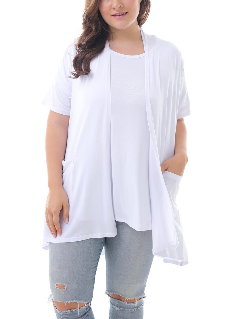 ZERDOCEAN Women's Plus Size Short Sleeve Lightweight Soft Printed Drape Cardigan with Pockets White 4X - Image 2